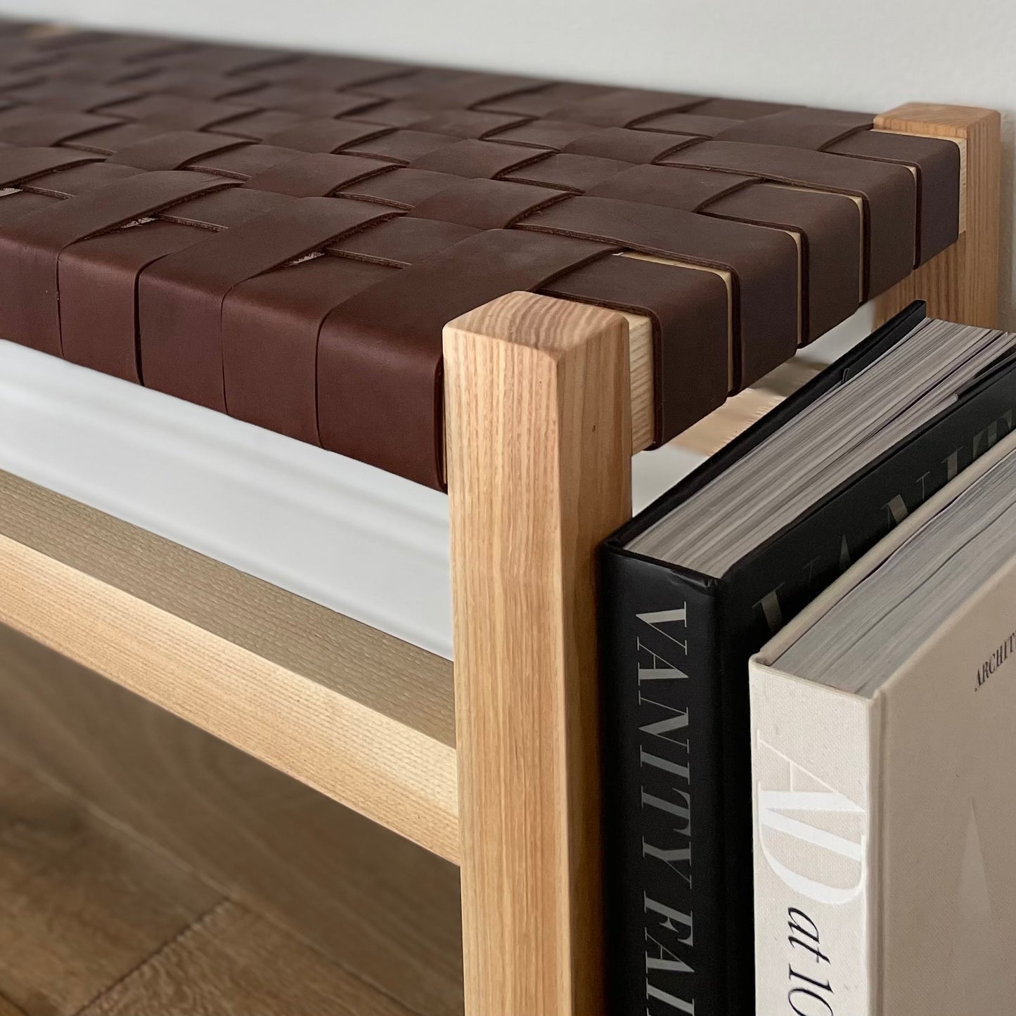 Woven Leather Bench in Dark Chestnut