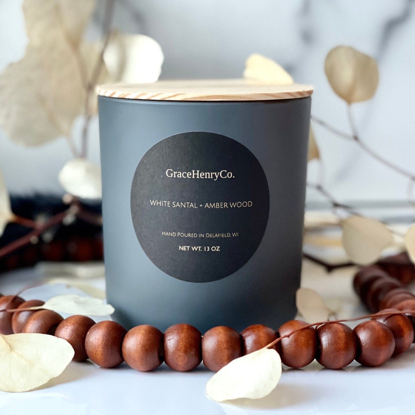 WHITE SANTAL + AMBERWOOD 13oz Wooden Wick Candle