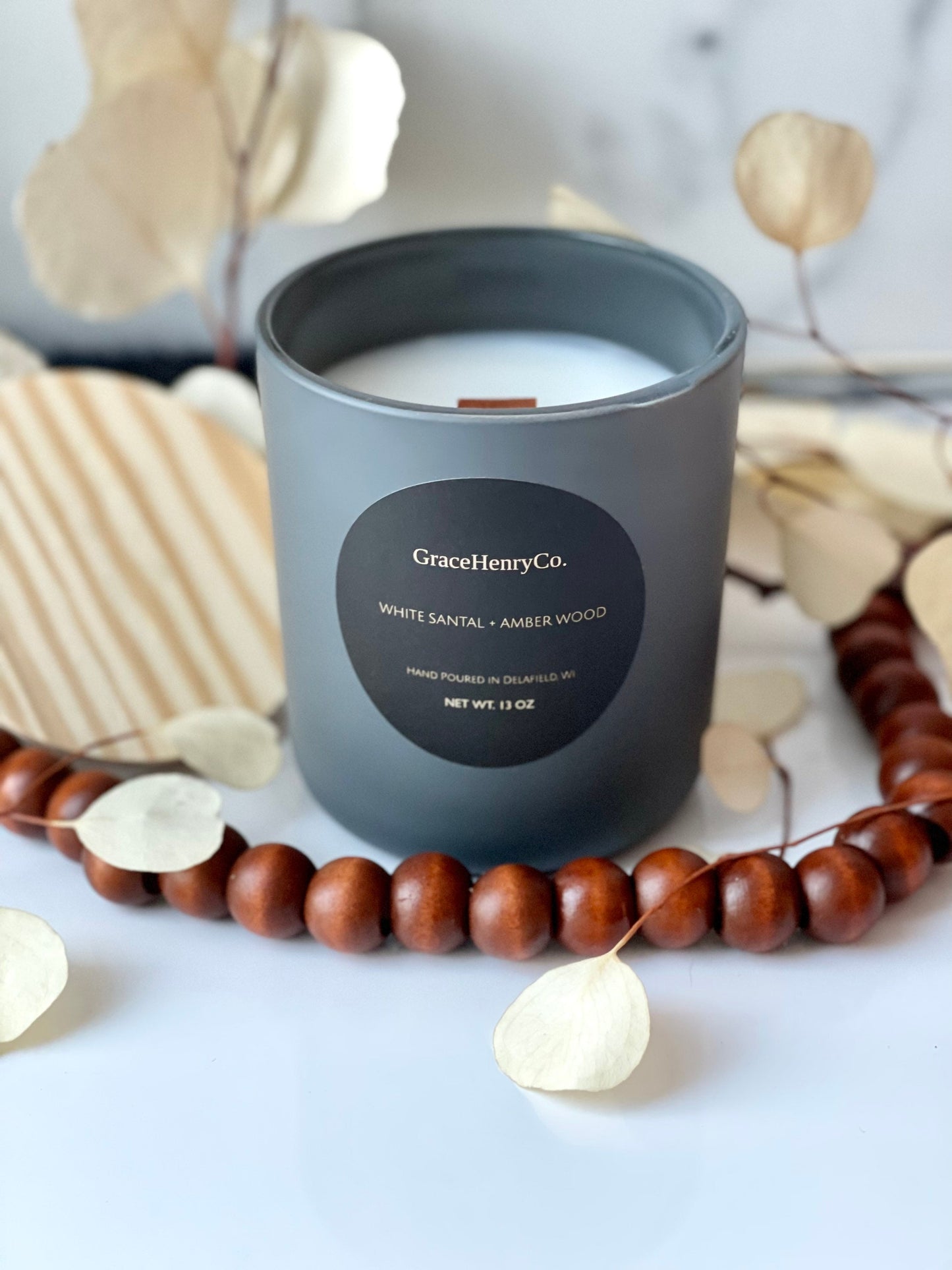 WHITE SANTAL + AMBERWOOD 13oz Wooden Wick Candle