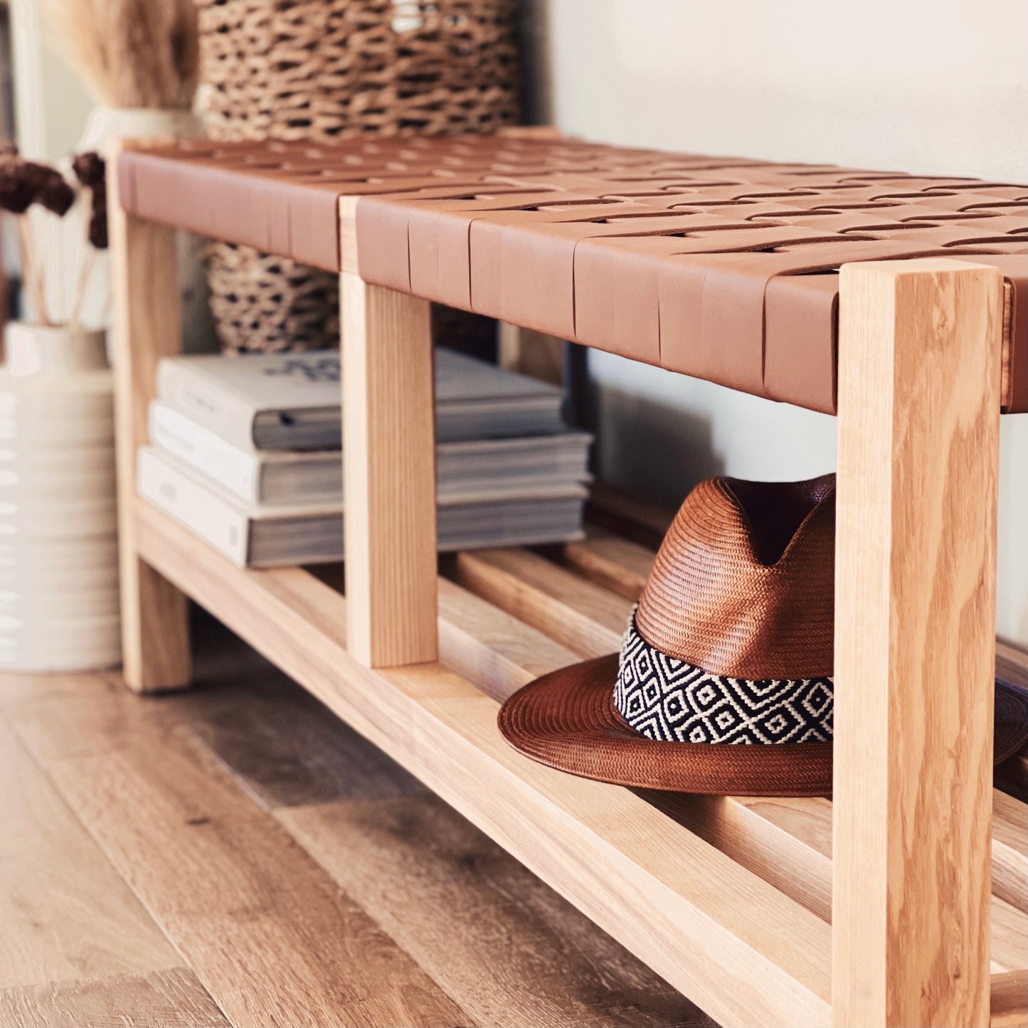 Woven Leather Bench with Builtin Storage in Cognac Tan