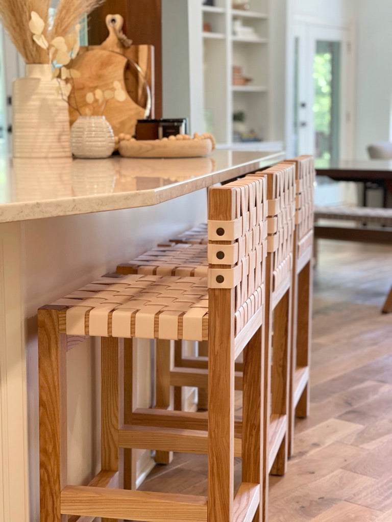 Double Woven Leather Counter Stool with Back in Natural Oak-Tanned Leather