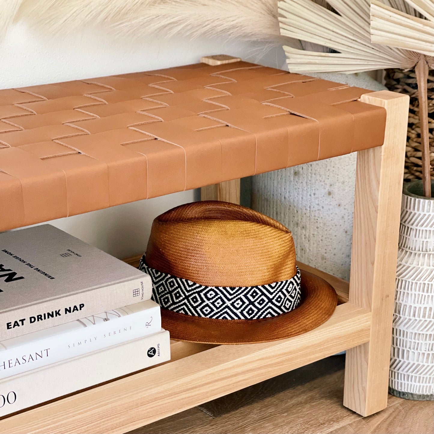 Woven Leather Bench with Builtin Storage in Cognac Tan