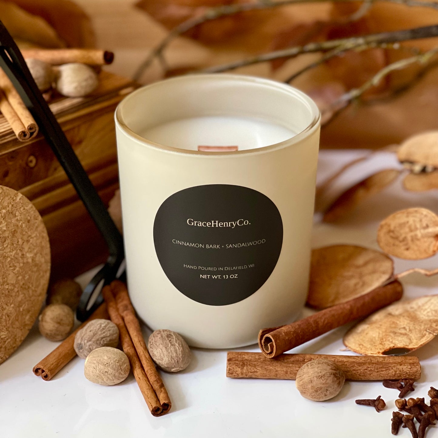 Cinnamon Bark + Sandalwood 13oz Wooden Wick Candle