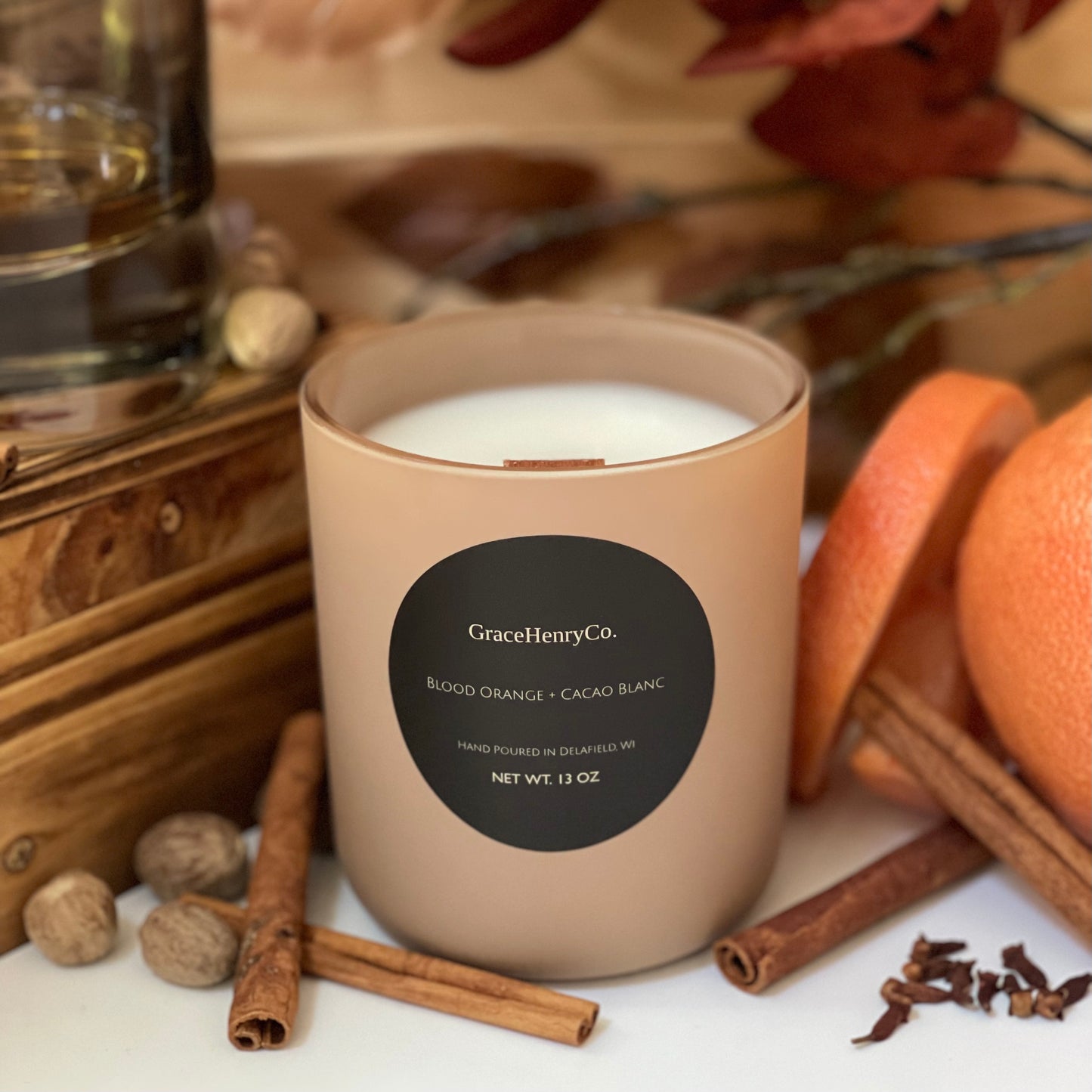 Blood Orange + Cacao Blanc 13oz Wooden Wick Candle