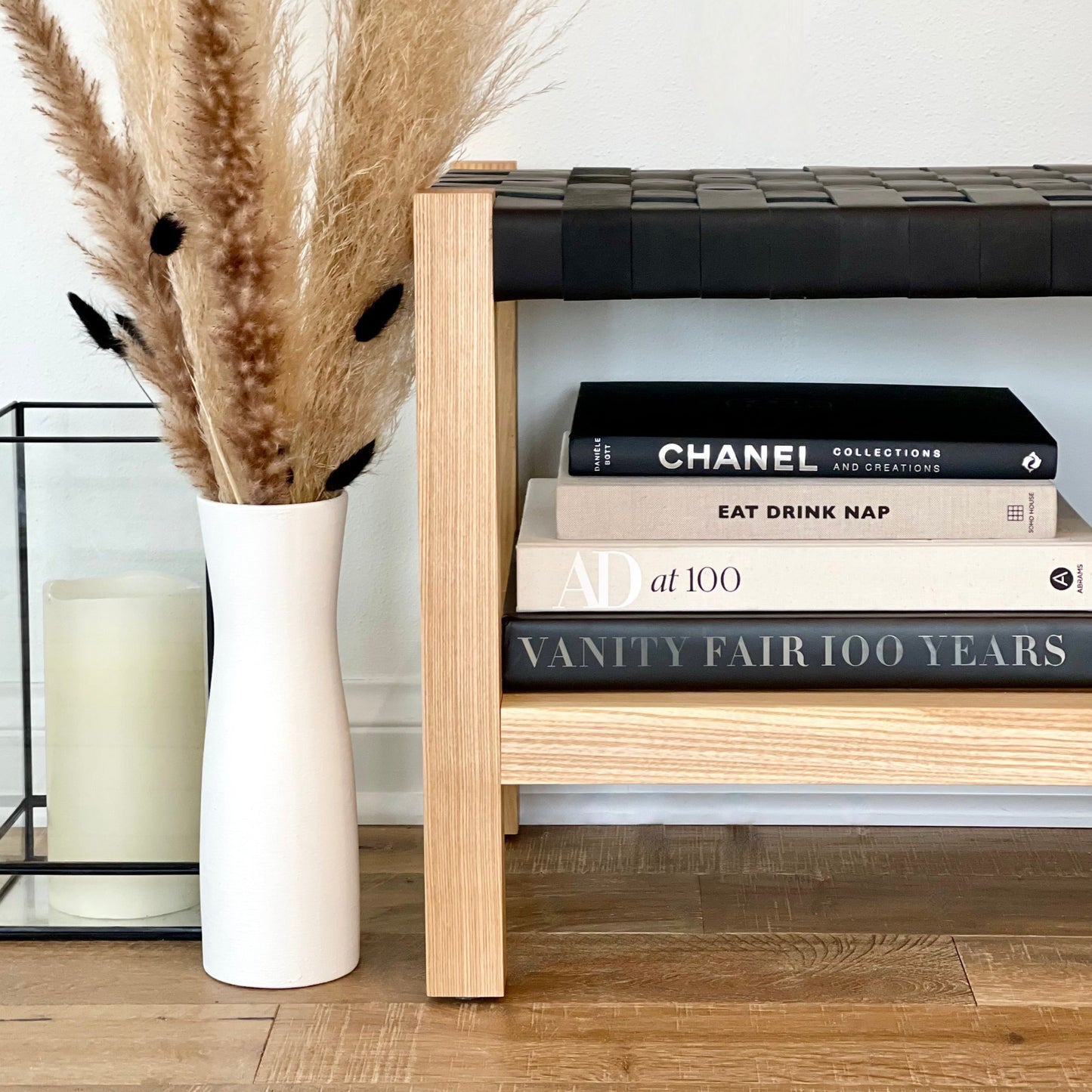 Woven Leather Bench with Builtin Storage in Matte Black