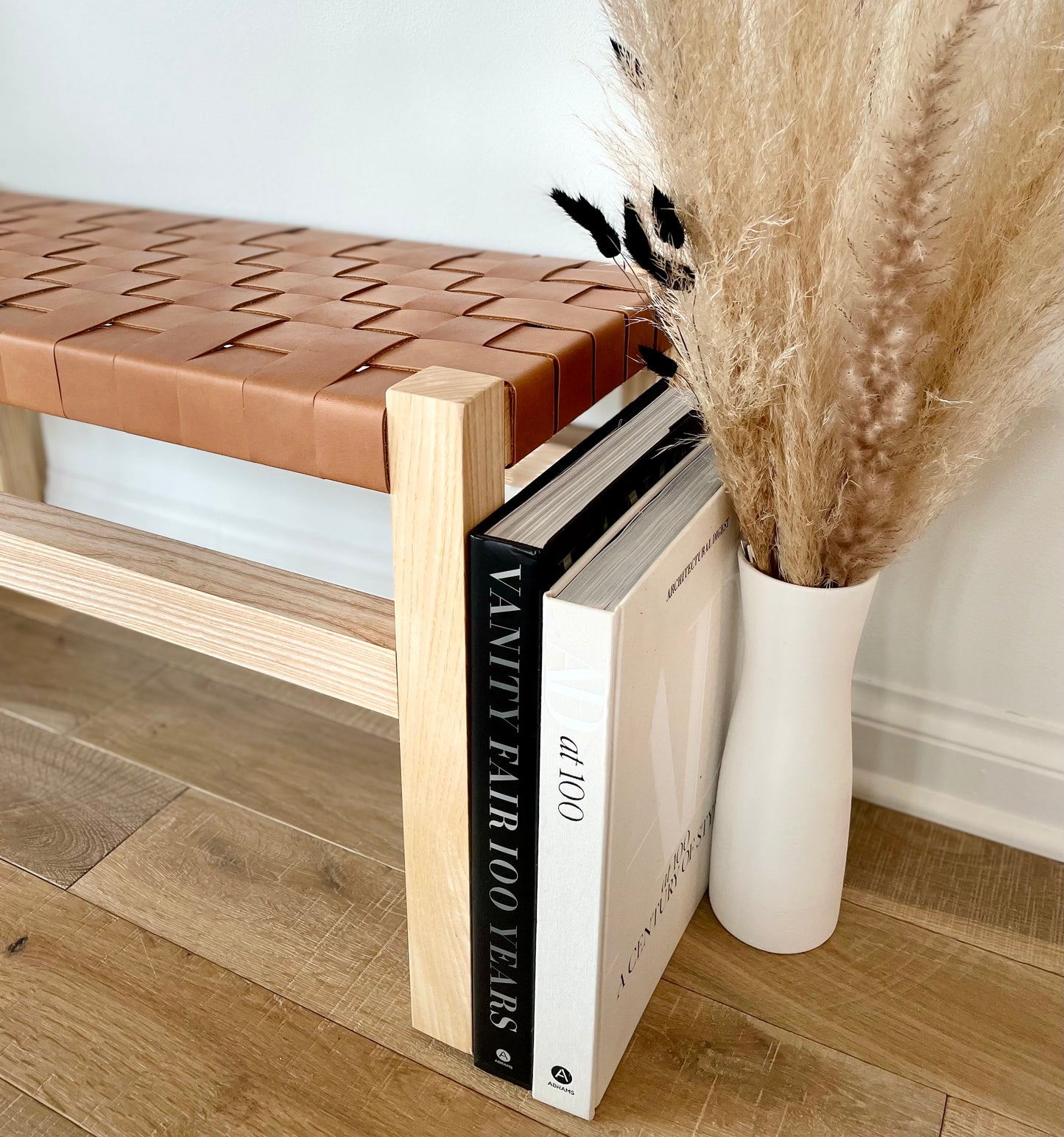 Woven Leather Bench in Cognac Tan