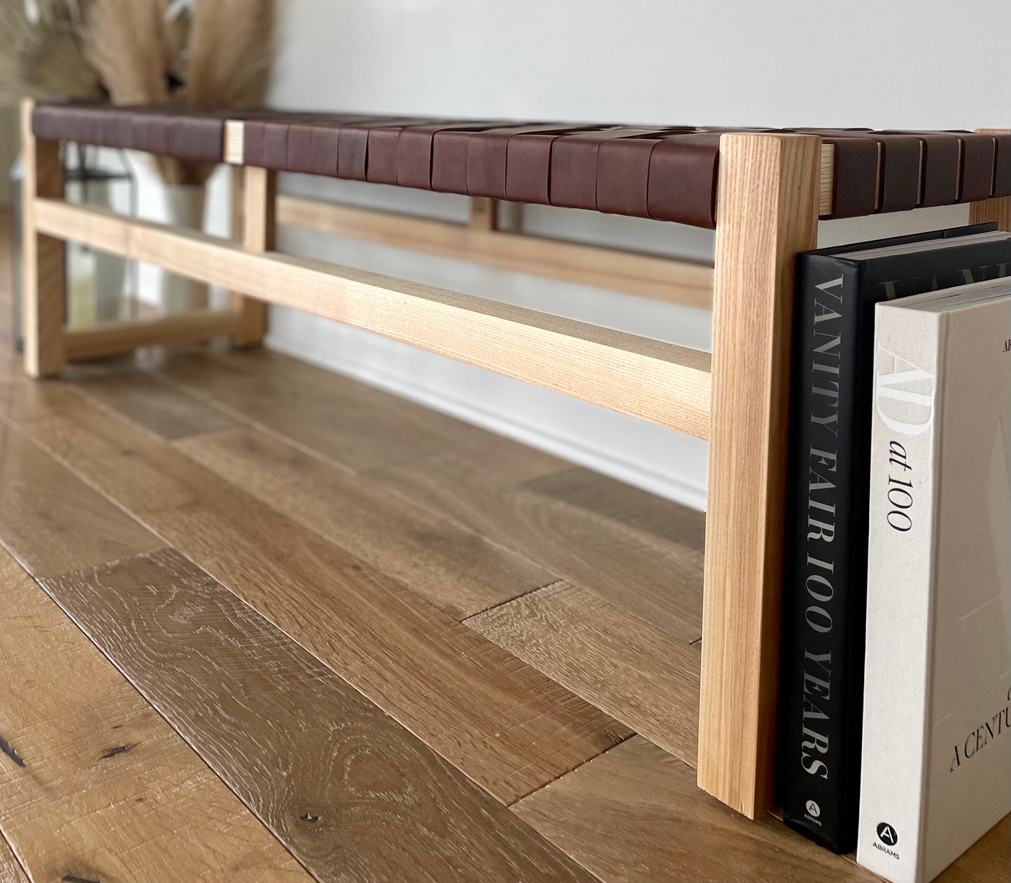 Woven Leather Bench in Dark Chestnut