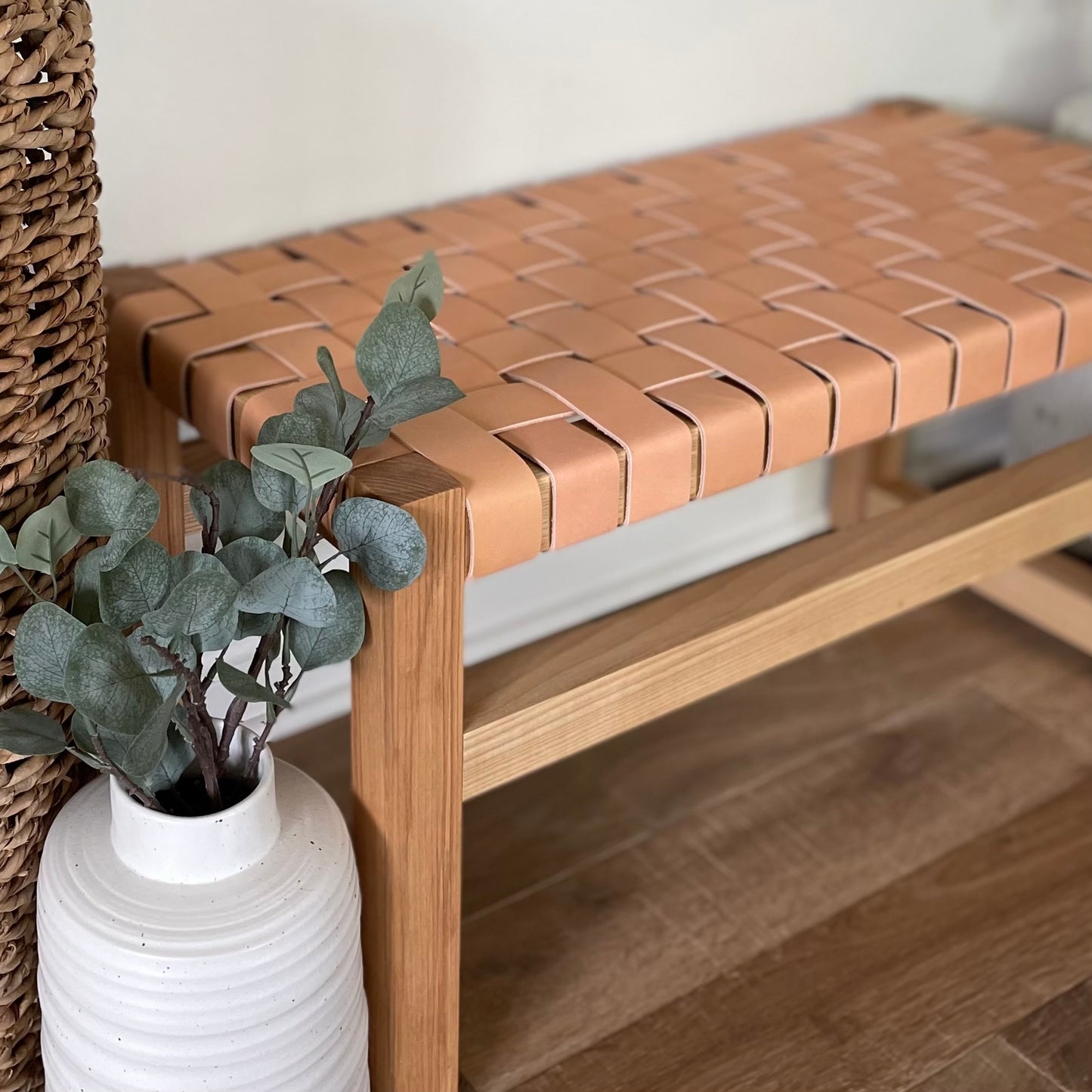 Woven Leather Bench in Golden Oak-Tanned Leather