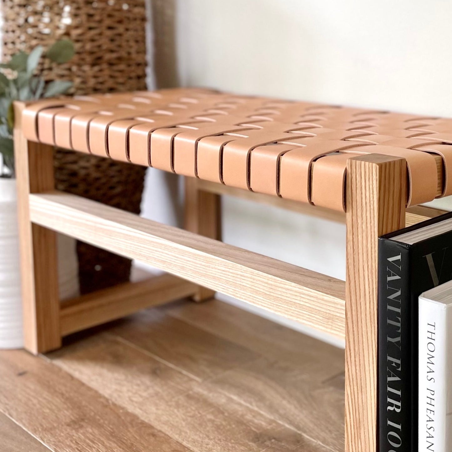 Woven Leather Bench in Golden Oak-Tanned Leather