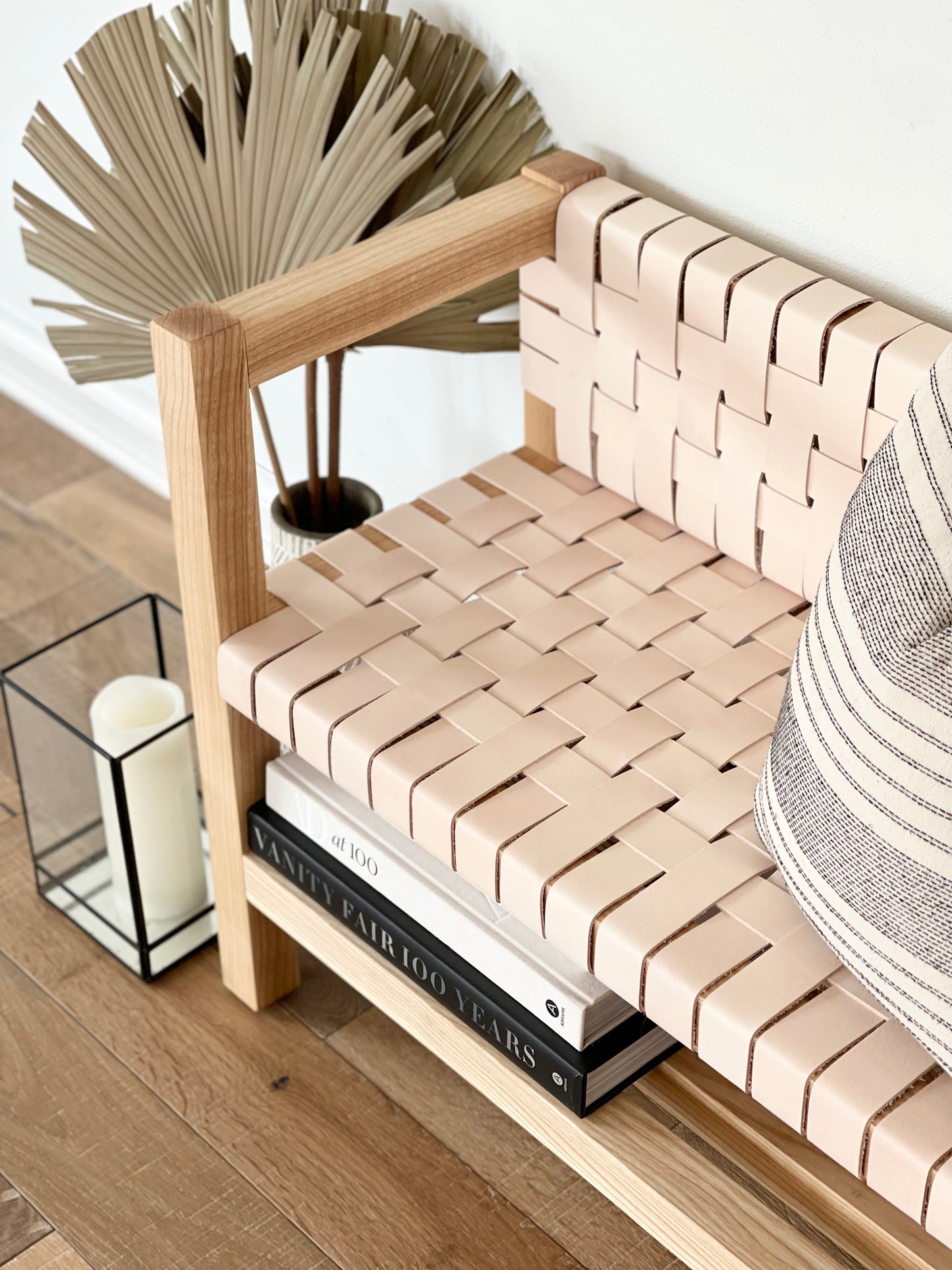 Woven Leather Bench with a Back with Builtin Storage in Natural Oak-Tanned Leather