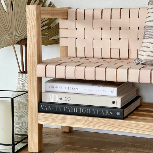 Woven Leather Bench with a Back with Builtin Storage in Natural Oak-Tanned Leather