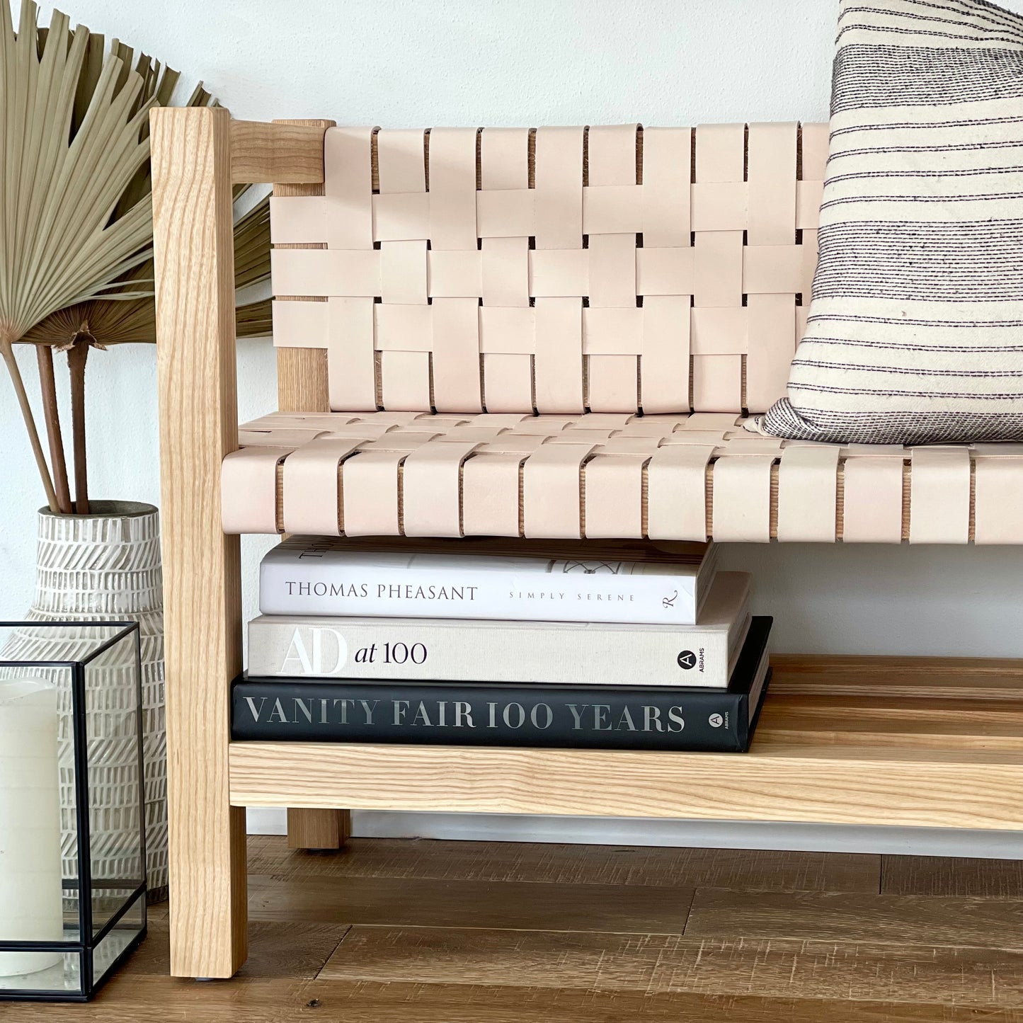 Woven Leather Bench with a Back with Builtin Storage in Natural Oak-Tanned Leather