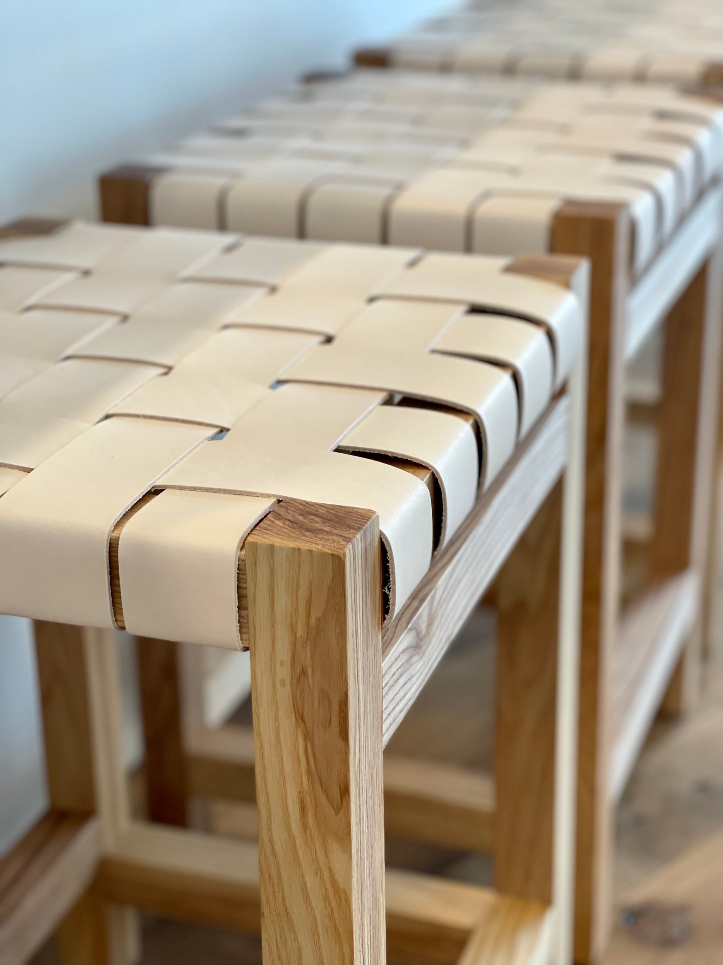 Woven Leather Counter Stool in Natural Oak-Tanned Leather