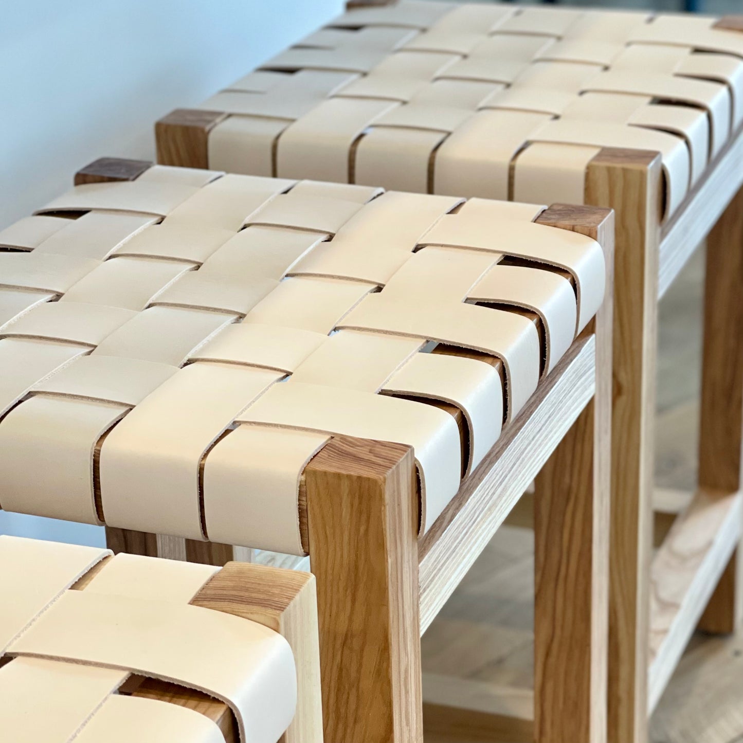 Woven Leather Counter Stool in Natural Oak-Tanned Leather