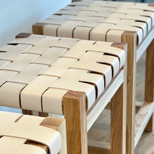 Woven Leather Counter Stool in Natural Oak-Tanned Leather