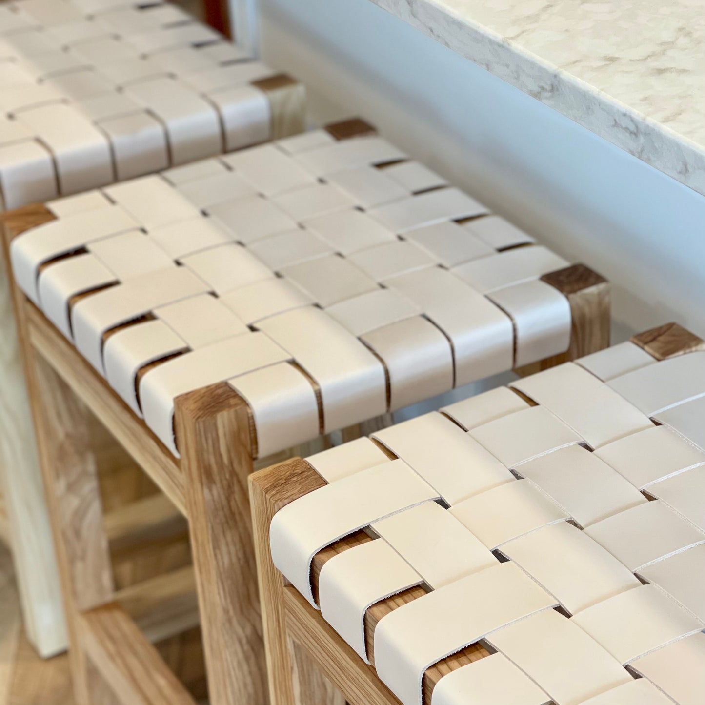 Woven Leather Counter Stool in Natural Oak-Tanned Leather