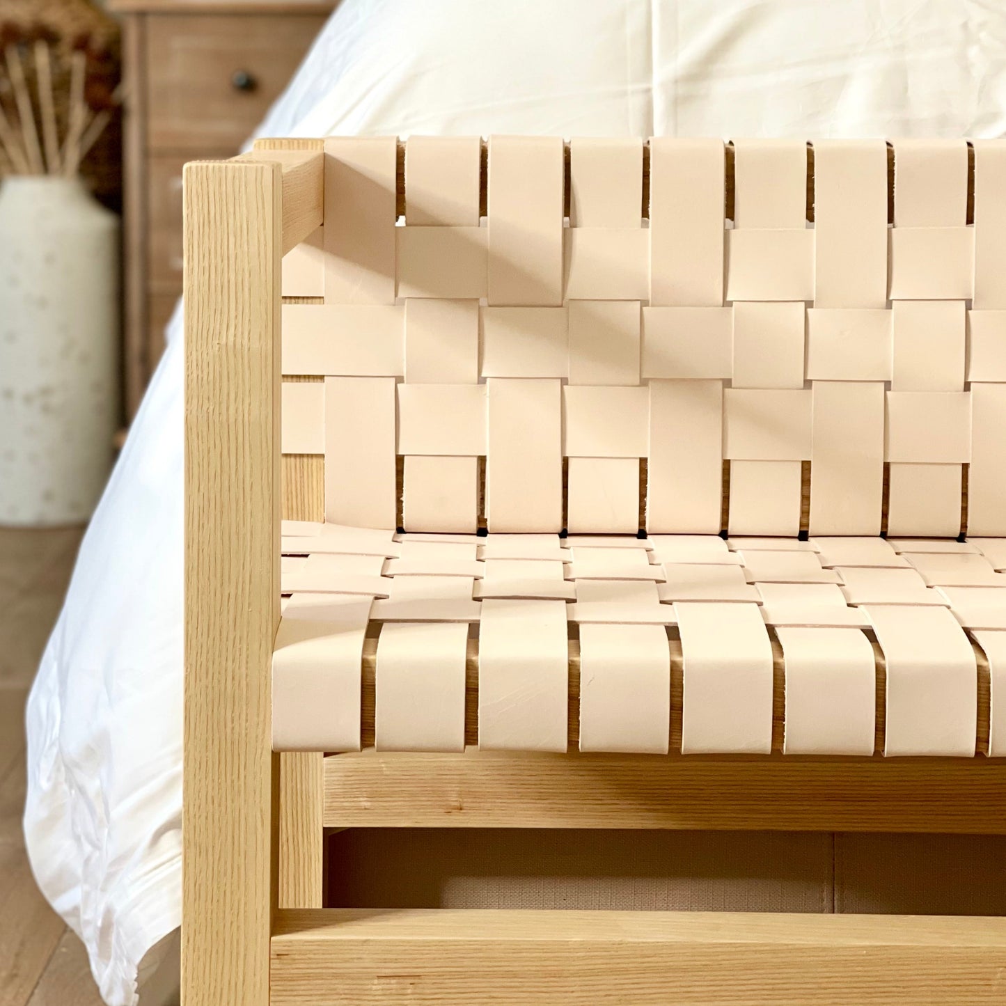 Woven Leather Bench with a Back in Natural Oak-Tanned Leather