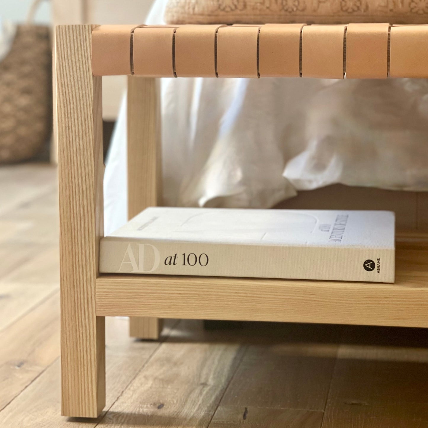 Woven Leather Bench with Builtin Storage in Golden Oak-tanned Leather