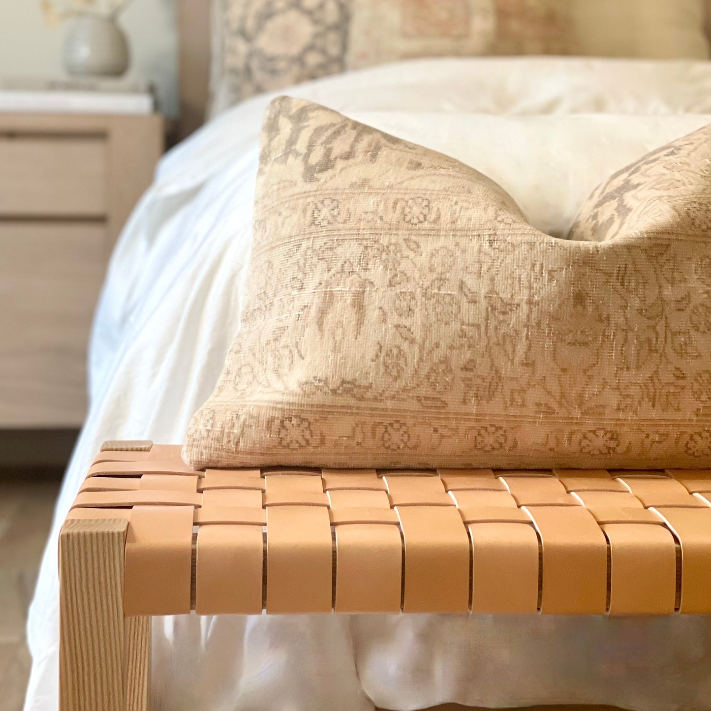 Woven Leather Bench with Builtin Storage in Golden Oak-tanned Leather