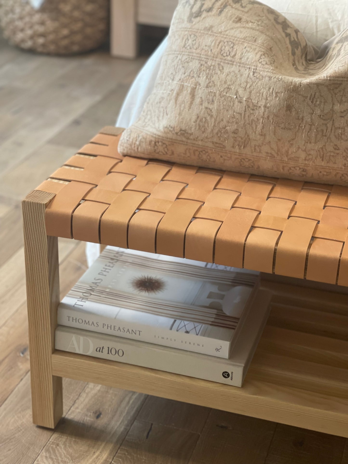 Woven Leather Bench with Builtin Storage in Golden Oak-tanned Leather