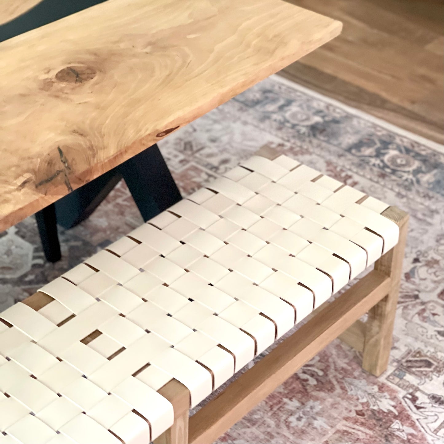 Woven Leather Bench in Natural Oak-Tanned Leather