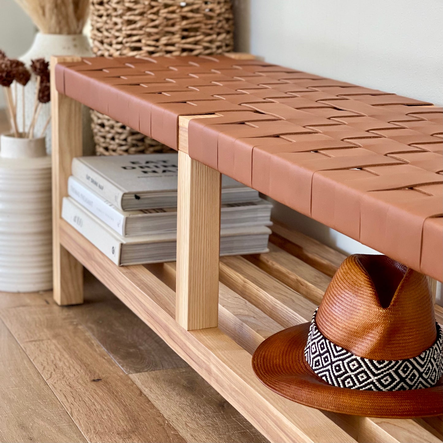 Woven Leather Bench with Builtin Storage in Cognac Tan