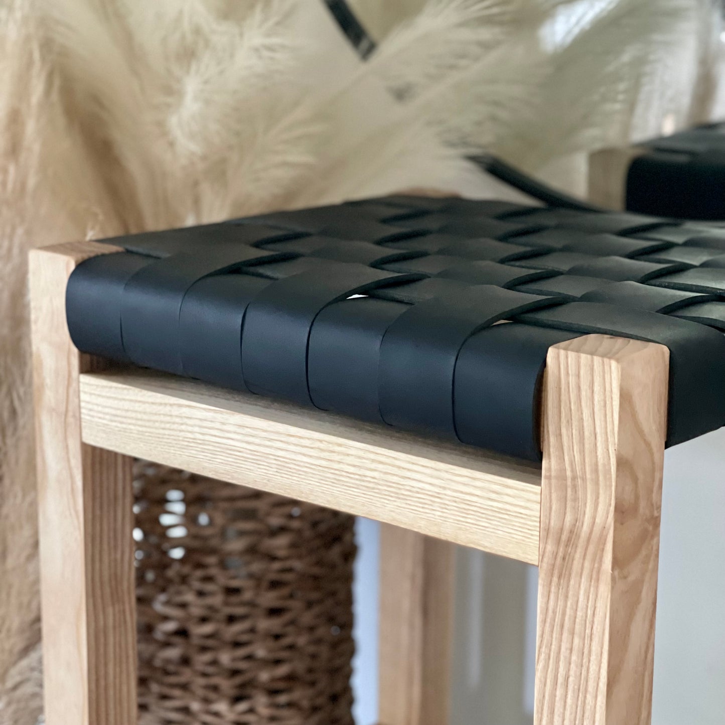 Woven Leather Counter Stool in Matte Black