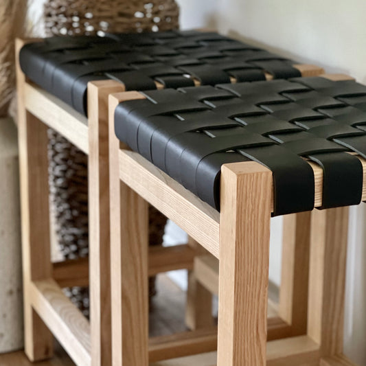 Woven Leather Counter Stool in Matte Black