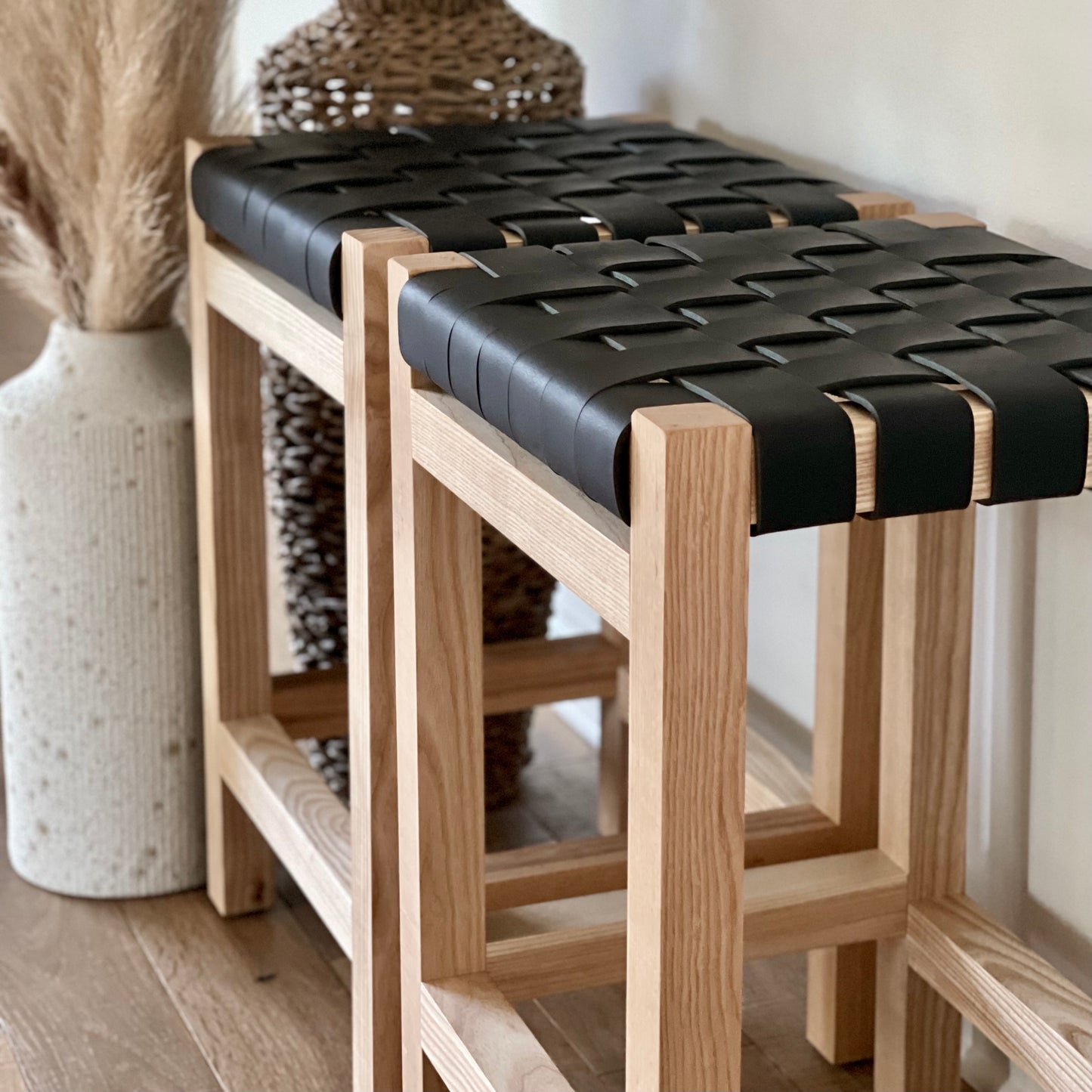 Woven Leather Counter Stool in Matte Black