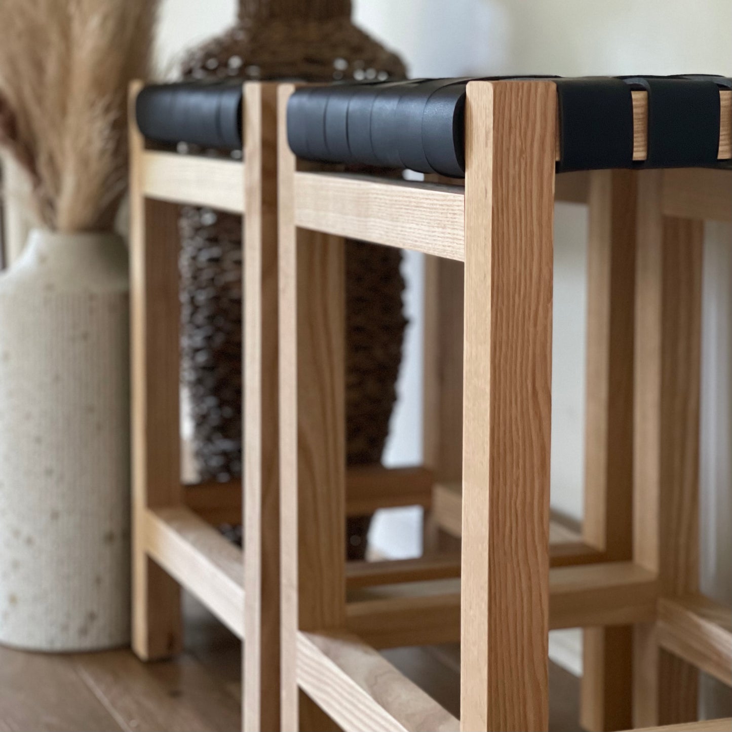 Woven Leather Counter Stool in Matte Black