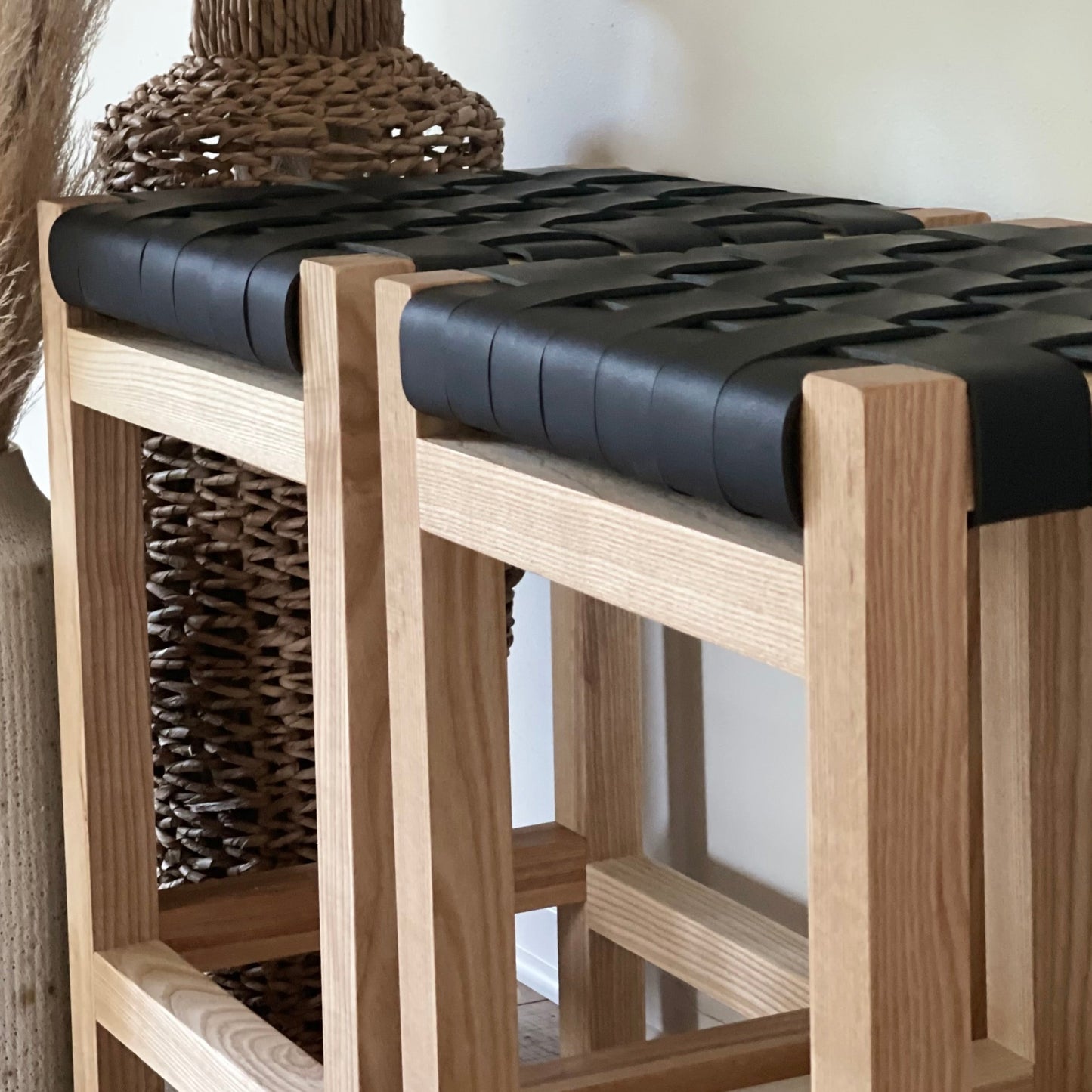 Woven Leather Counter Stool in Matte Black