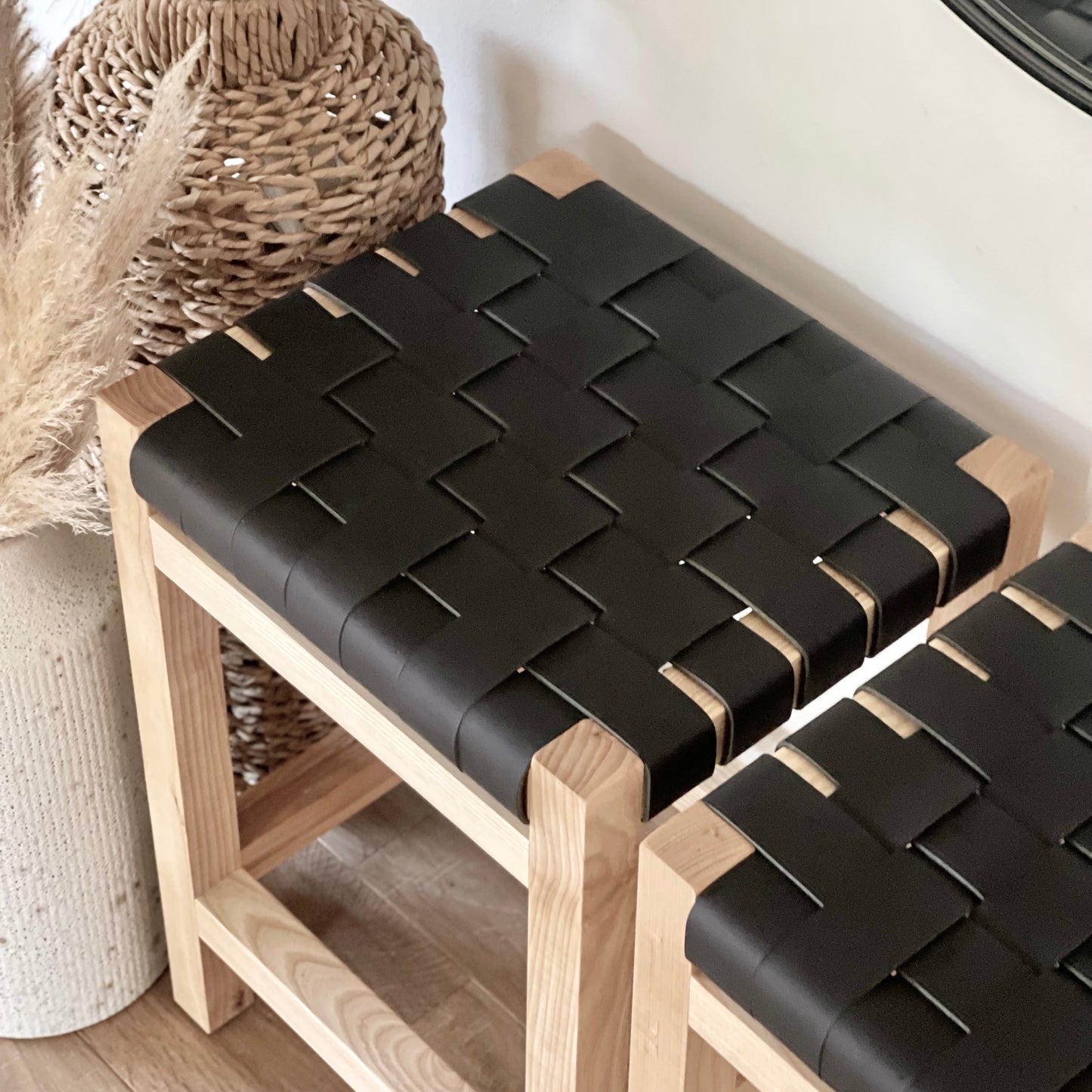 Woven Leather Counter Stool in Matte Black