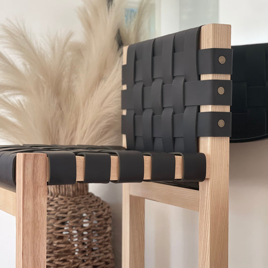 Double Woven Leather Counter Stool with Back in Matte Black