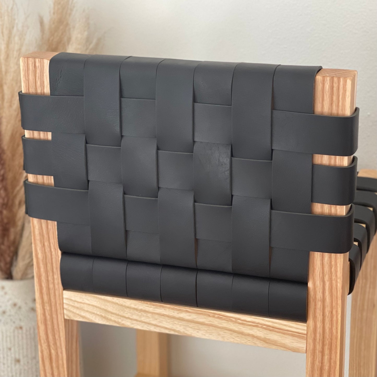 Double Woven Leather Counter Stool with Back in Matte Black
