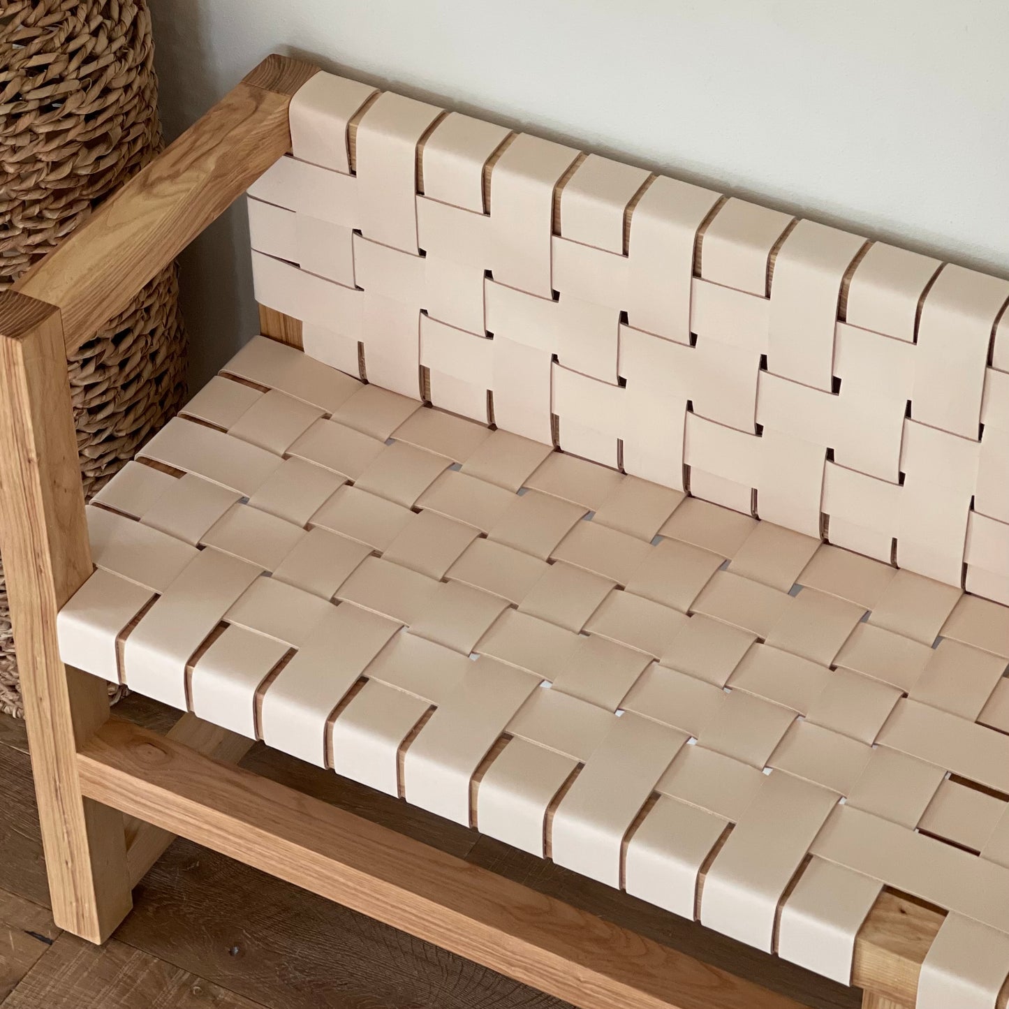 Woven Leather Bench with a Back in Natural Oak-Tanned Leather