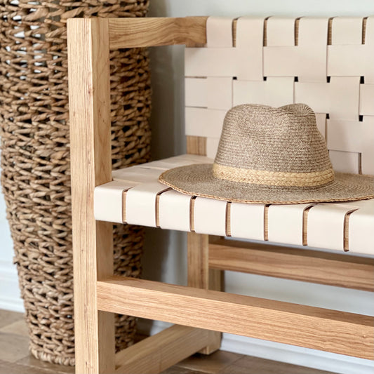 Woven Leather Bench with a Back in Natural Oak-Tanned Leather