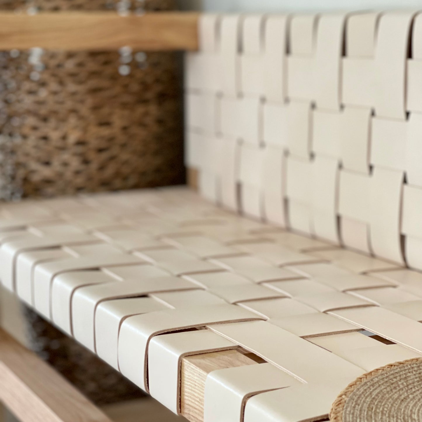 Woven Leather Bench with a Back in Natural Oak-Tanned Leather