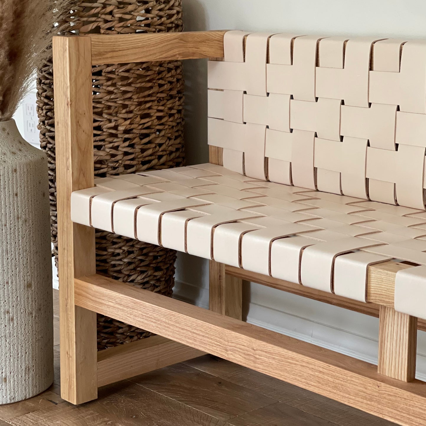 Woven Leather Bench with a Back in Natural Oak-Tanned Leather