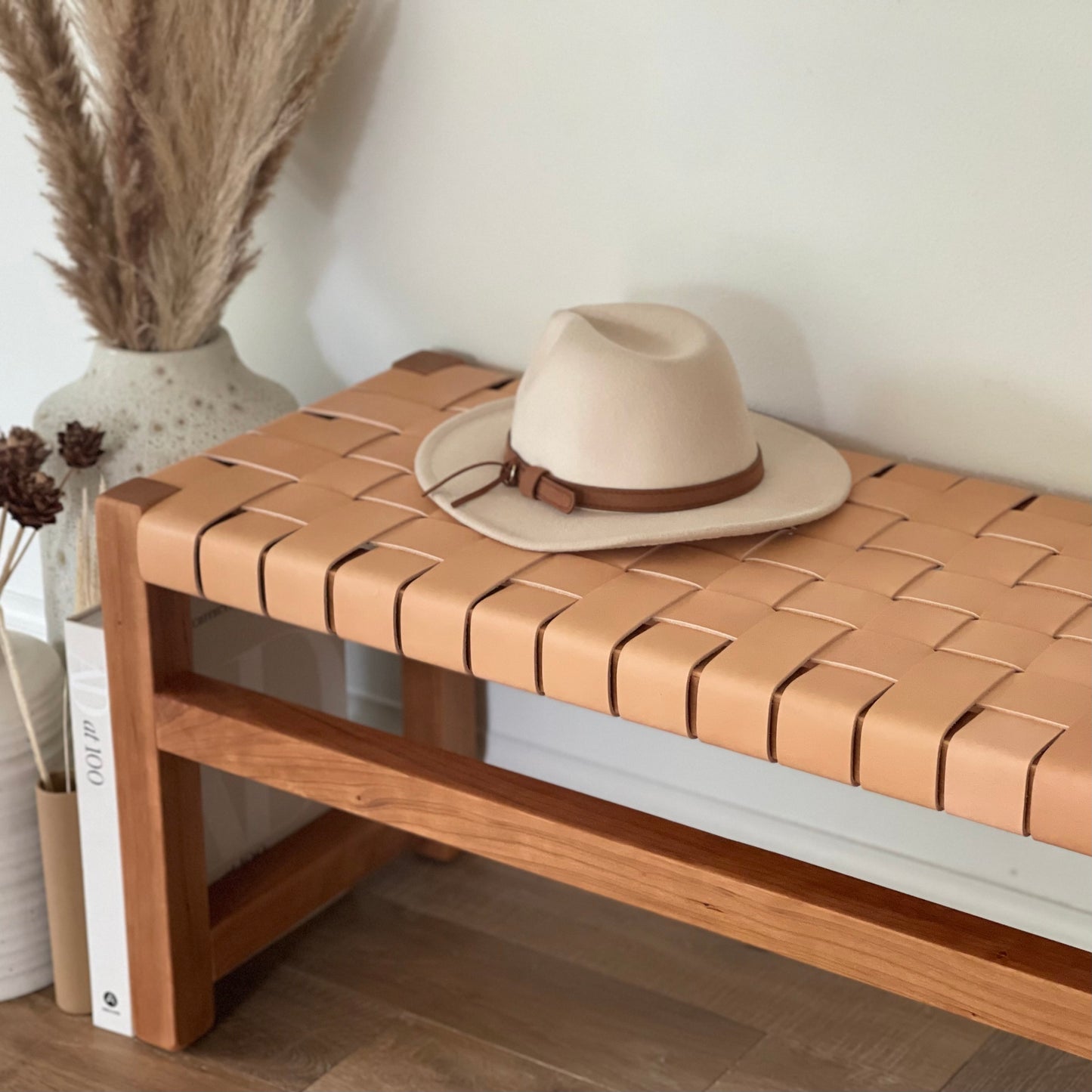 Woven Leather Bench in Golden Oak-Tanned Leather and Solid Cherry