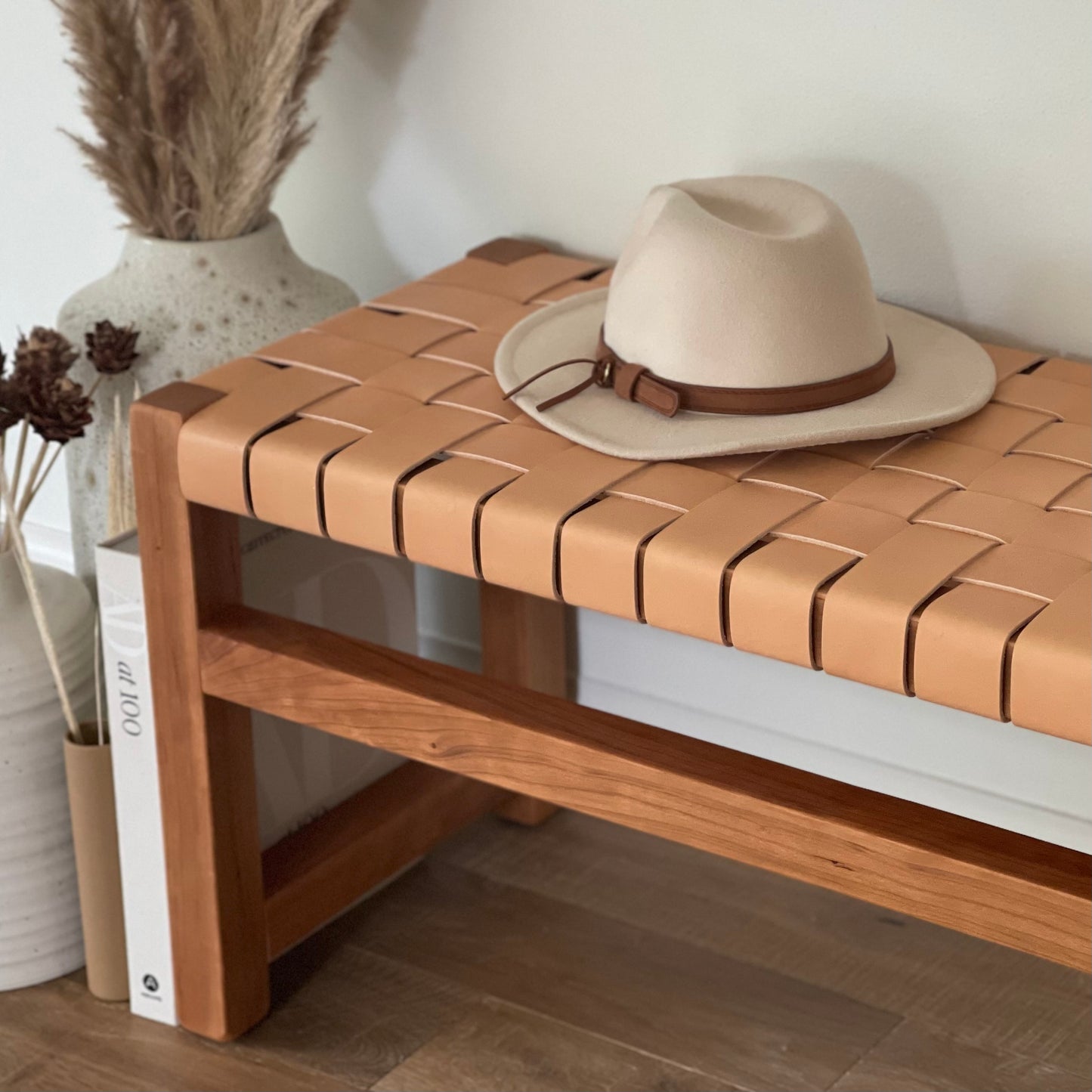 Woven Leather Bench in Golden Oak-Tanned Leather and Solid Cherry