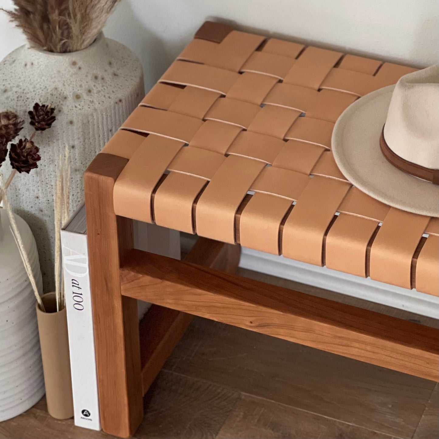 Woven Leather Bench in Golden Oak-Tanned Leather and Solid Cherry