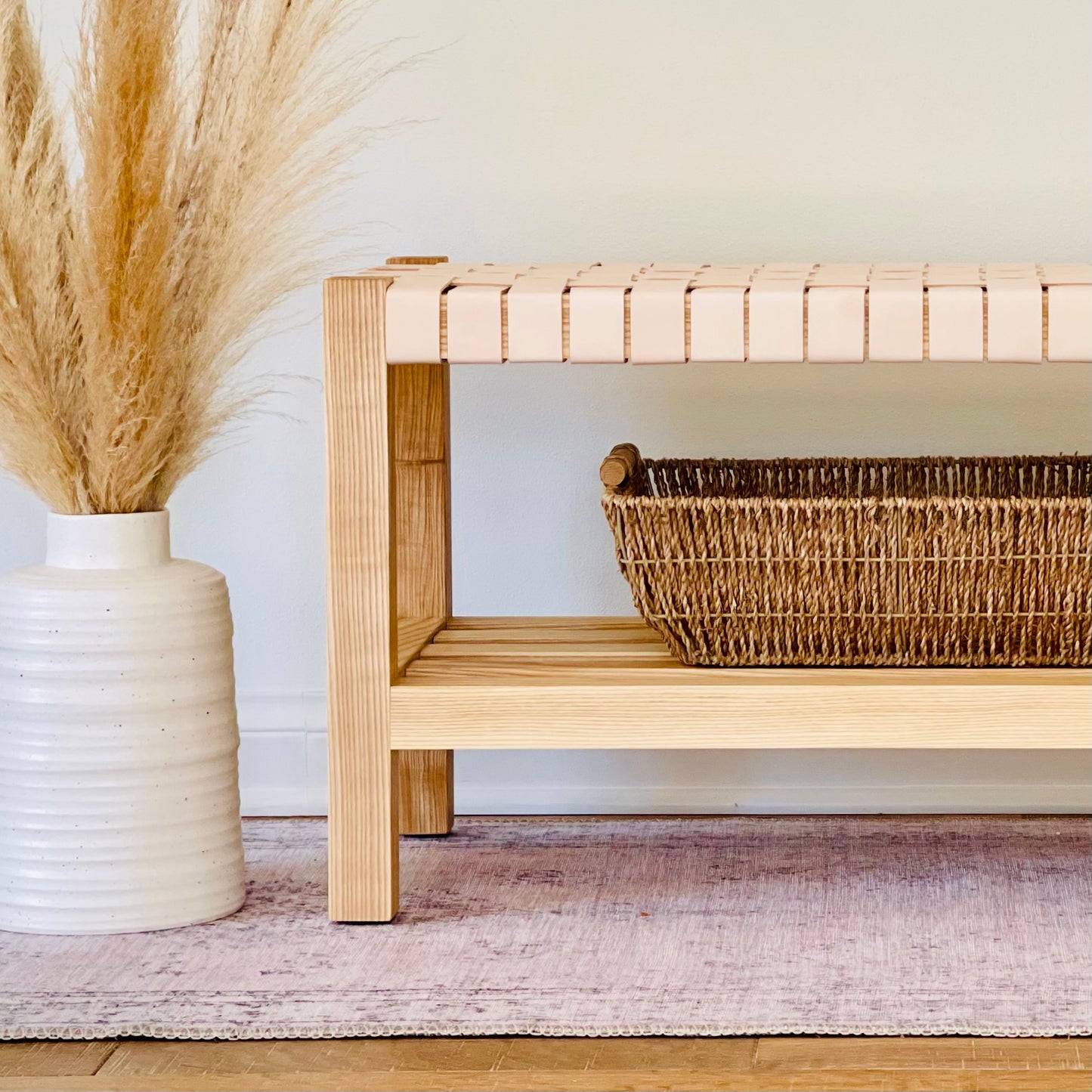 Woven Leather Bench with Builtin Storage in Natural Oak-tanned