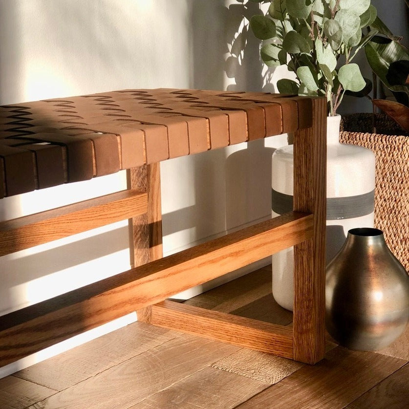 Woven Leather Bench in Dark Tan