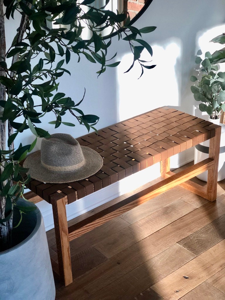 Woven Leather Bench in Dark Tan