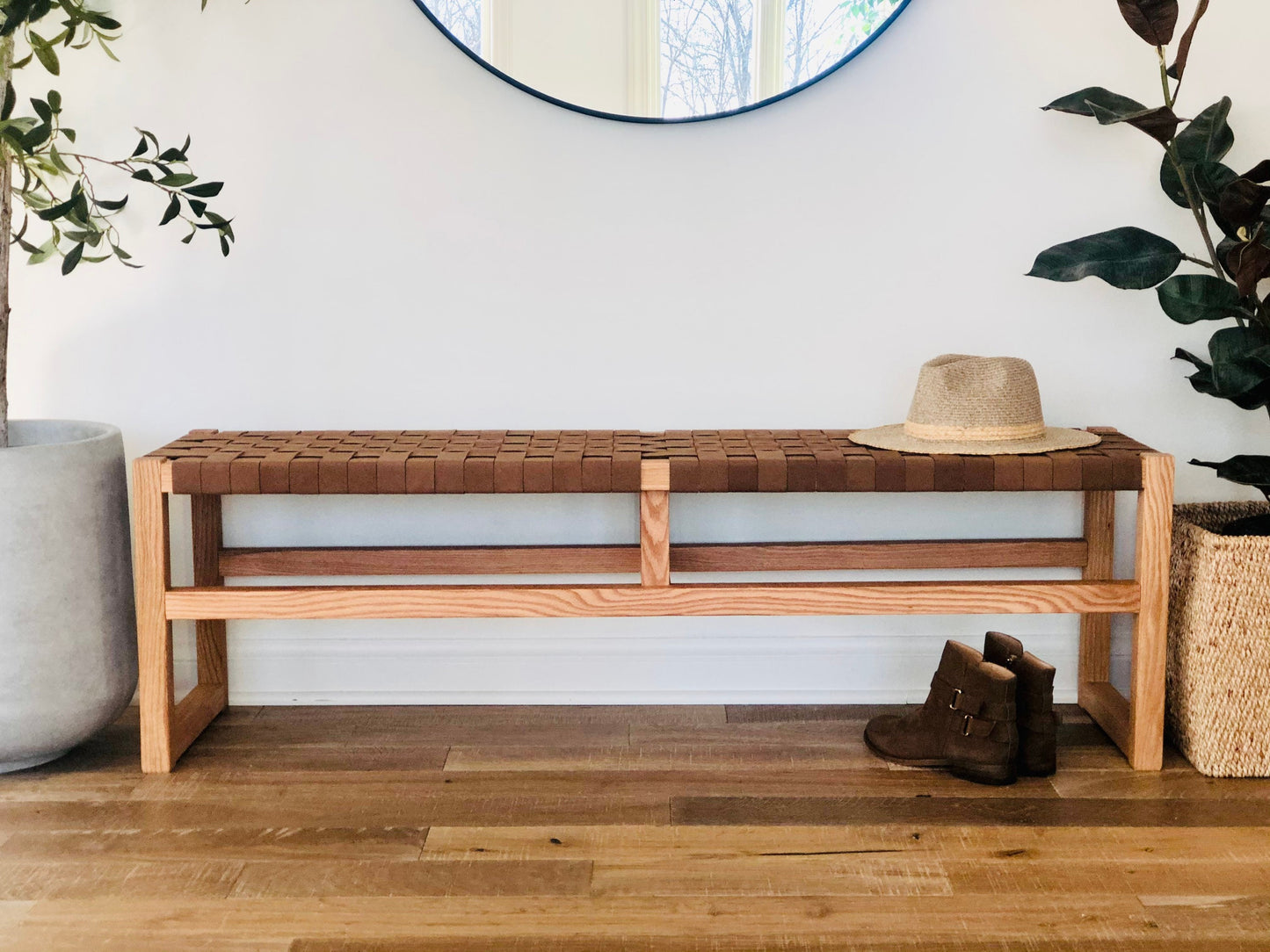 Woven Leather Bench in Dark Tan