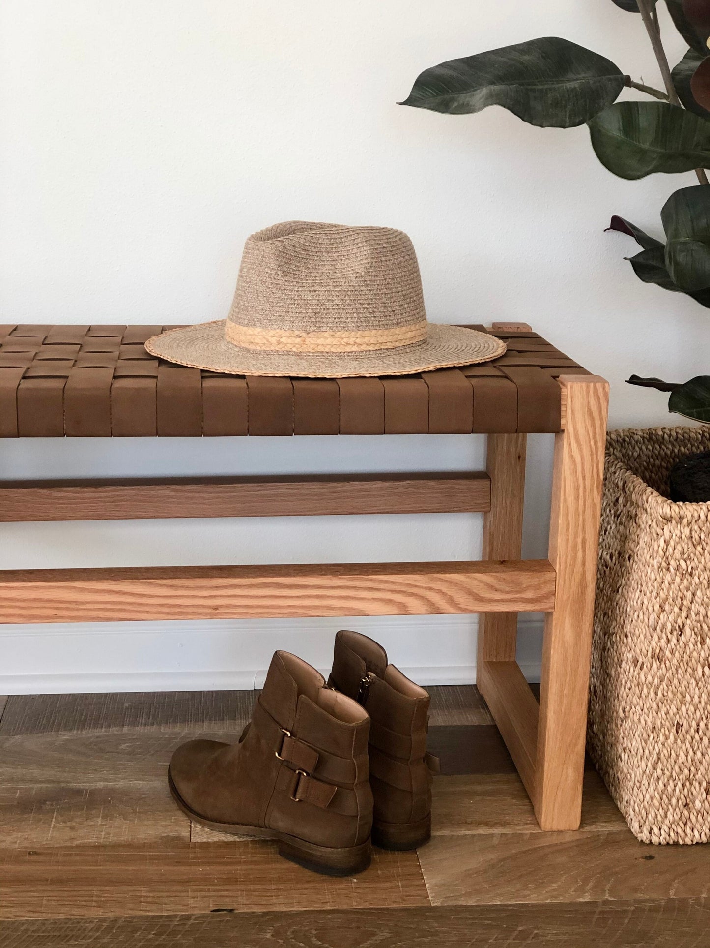 Woven Leather Bench in Dark Tan