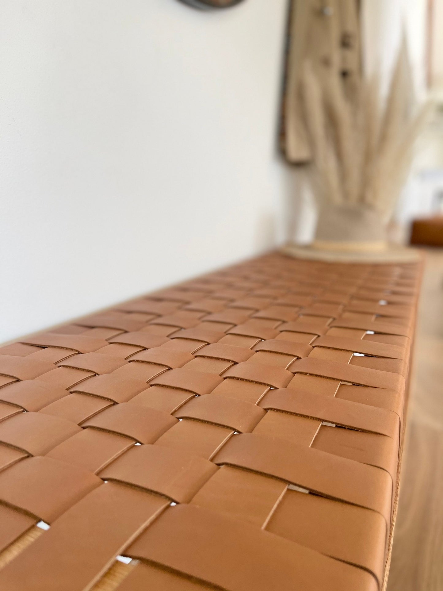 Woven Leather Bench in Cognac Tan