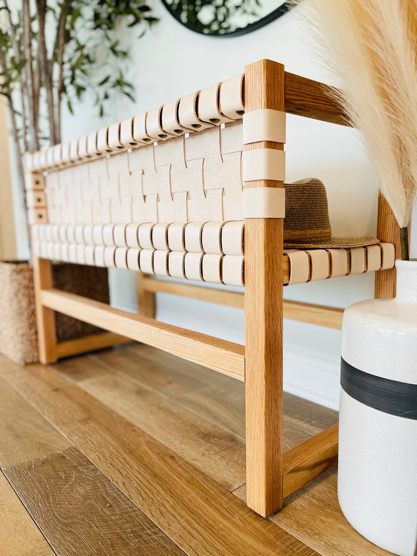 Woven Leather Bench with a Back in Natural Oak-Tanned Leather