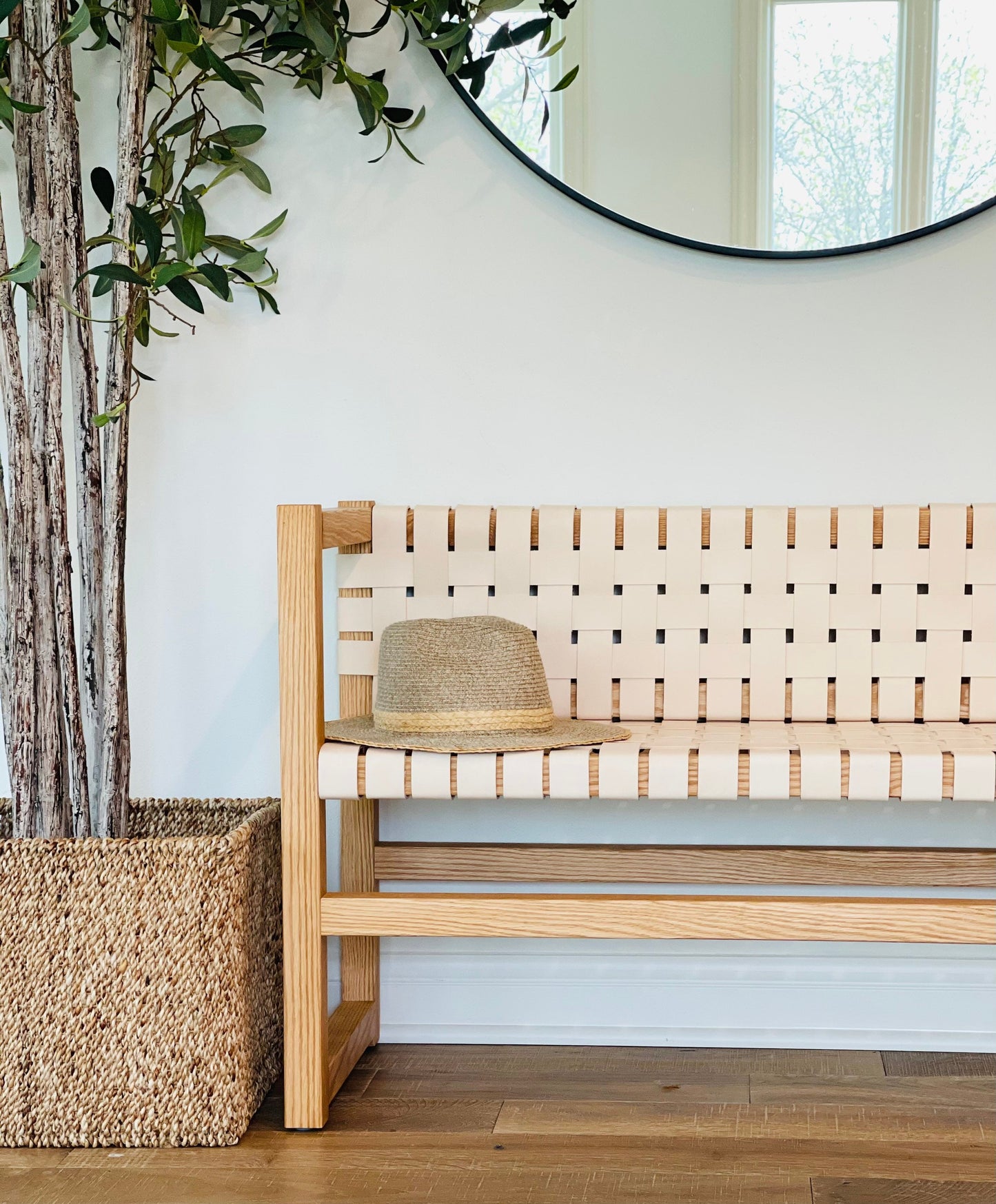 Woven Leather Bench with a Back in Natural Oak-Tanned Leather