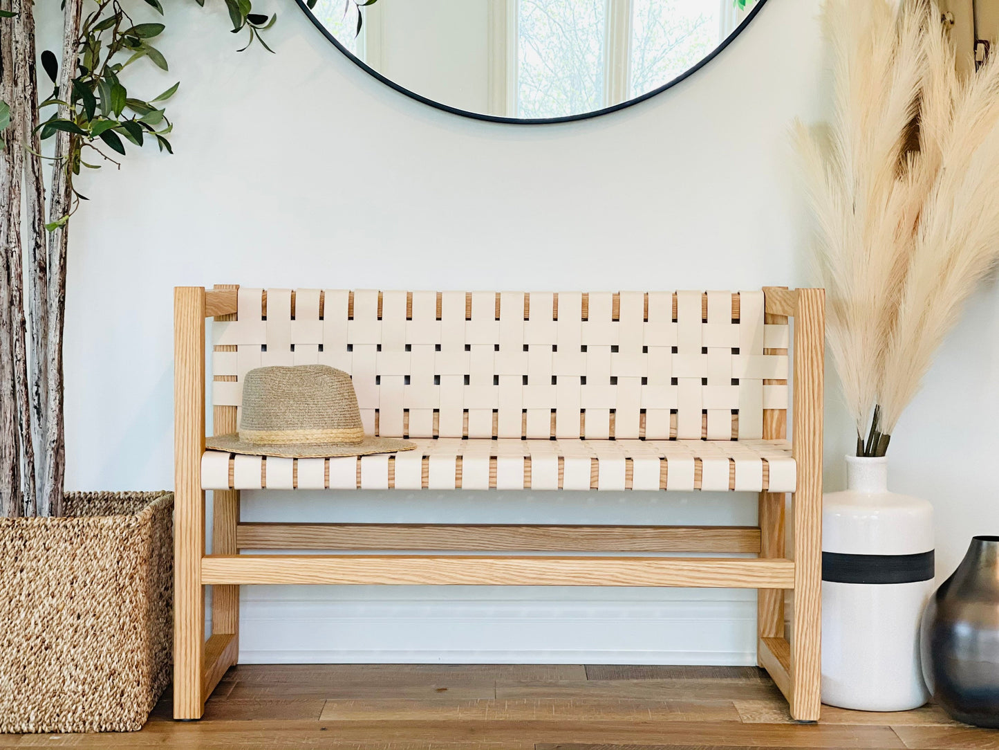 Woven Leather Bench with a Back in Natural Oak-Tanned Leather